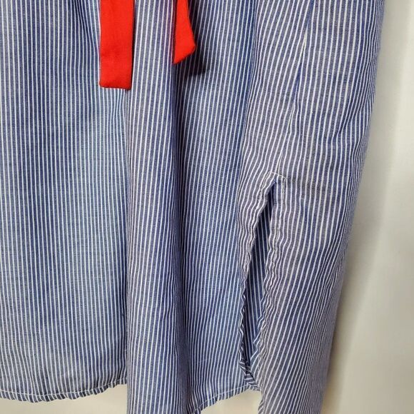 Vintage 80s Blue Stripe Collared Shirt Dress 14 Light Weight Beach Nautical Red - Picture 5 of 7